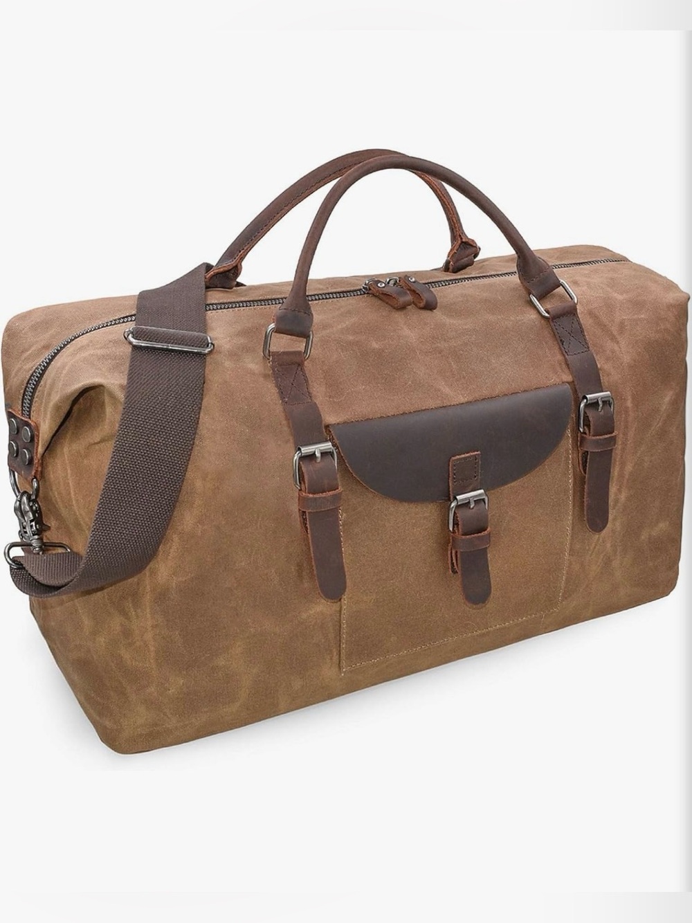 NEWHEY 55L Waxed Canvas & Leather Weekender Duffel Bag Brown